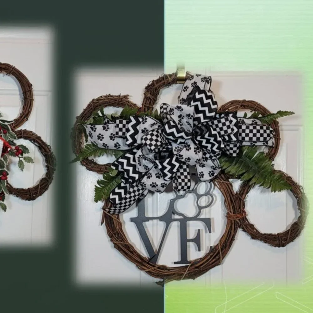 Interchangeable 2-in-1 Dog Paw Wreath w/Red/White Sequin Bow & Black/White Bows‎